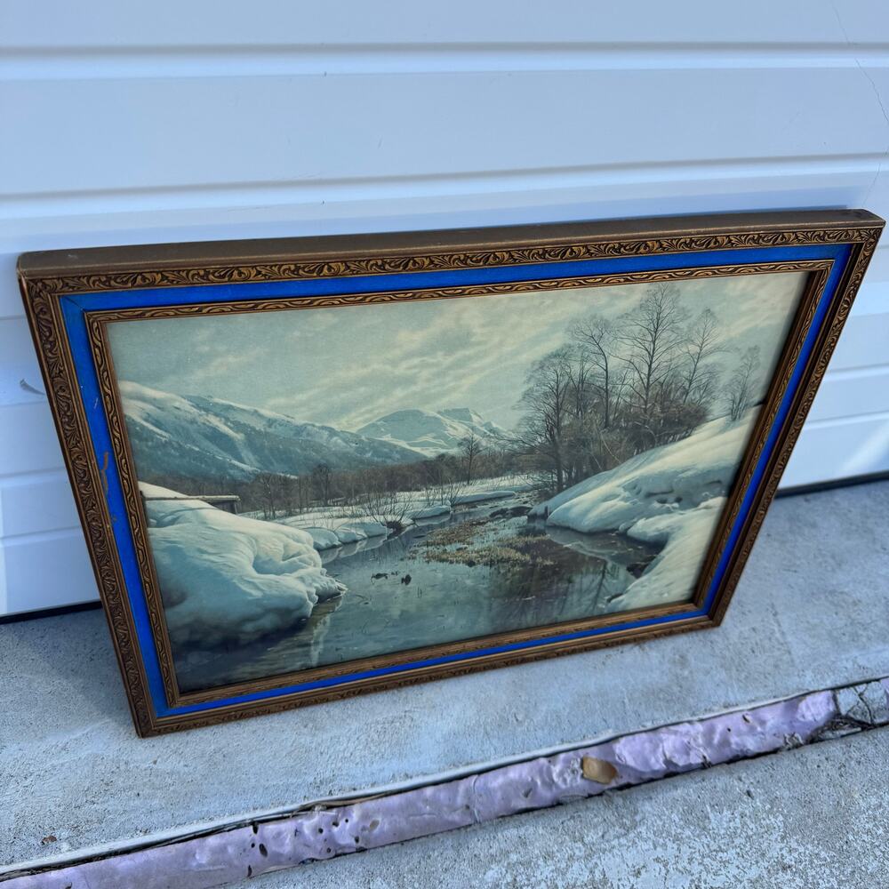 Vintage Blue/Gold Wood Framed Art Print Snowy River Mountains Hanging Decor